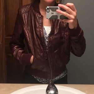 Charolette rouse bomber leather maroon jacket